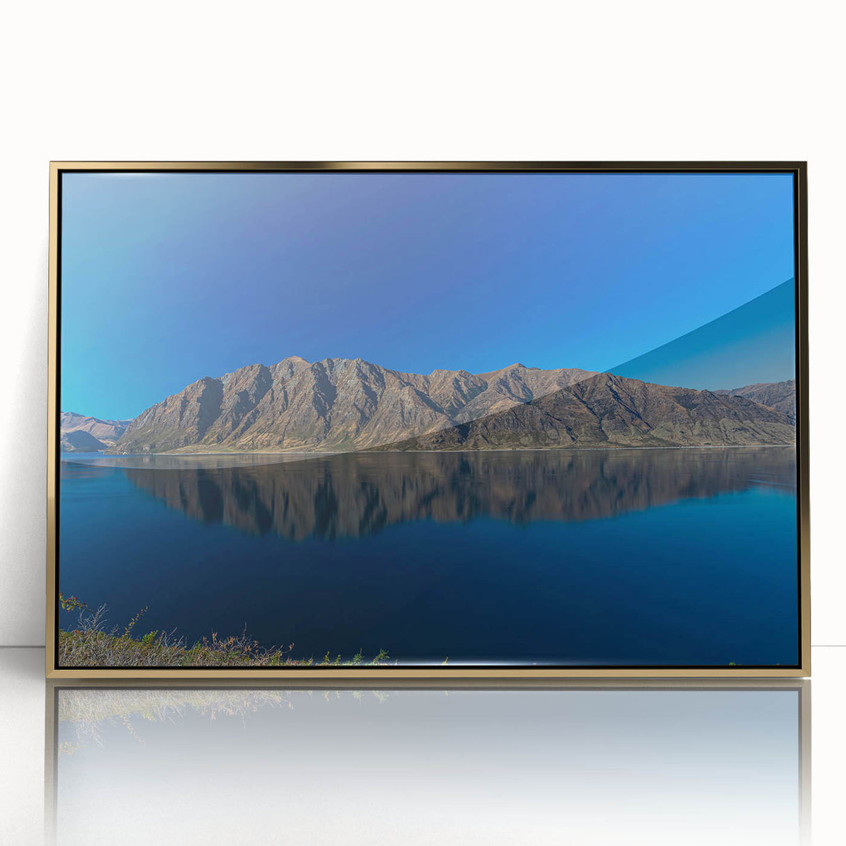 Large art print of Otago, New Zealand landscape in mid-century modernist style, framed in gold acrylic.