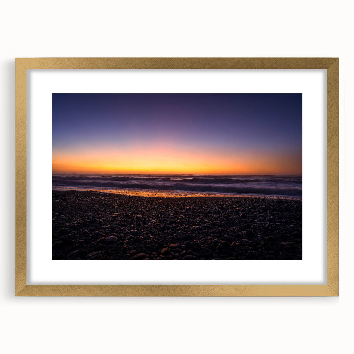 Extra large textured abstract art print depicting New Zealand's West Coast in muted earth tones, framed in gold.