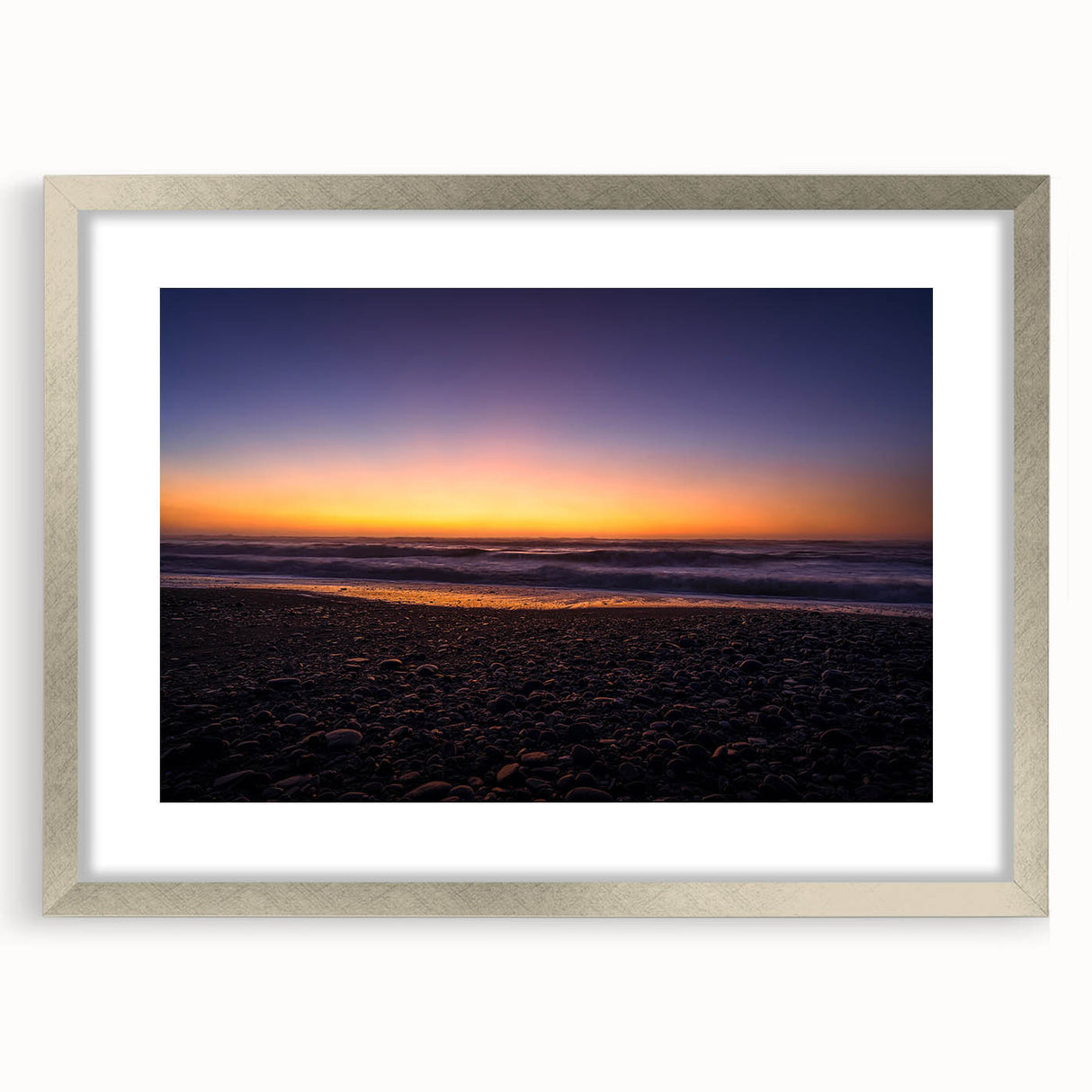 Textured abstract art print of New Zealand's West Coast in muted blue and gray on framed canvas, ideal for bedroom art.