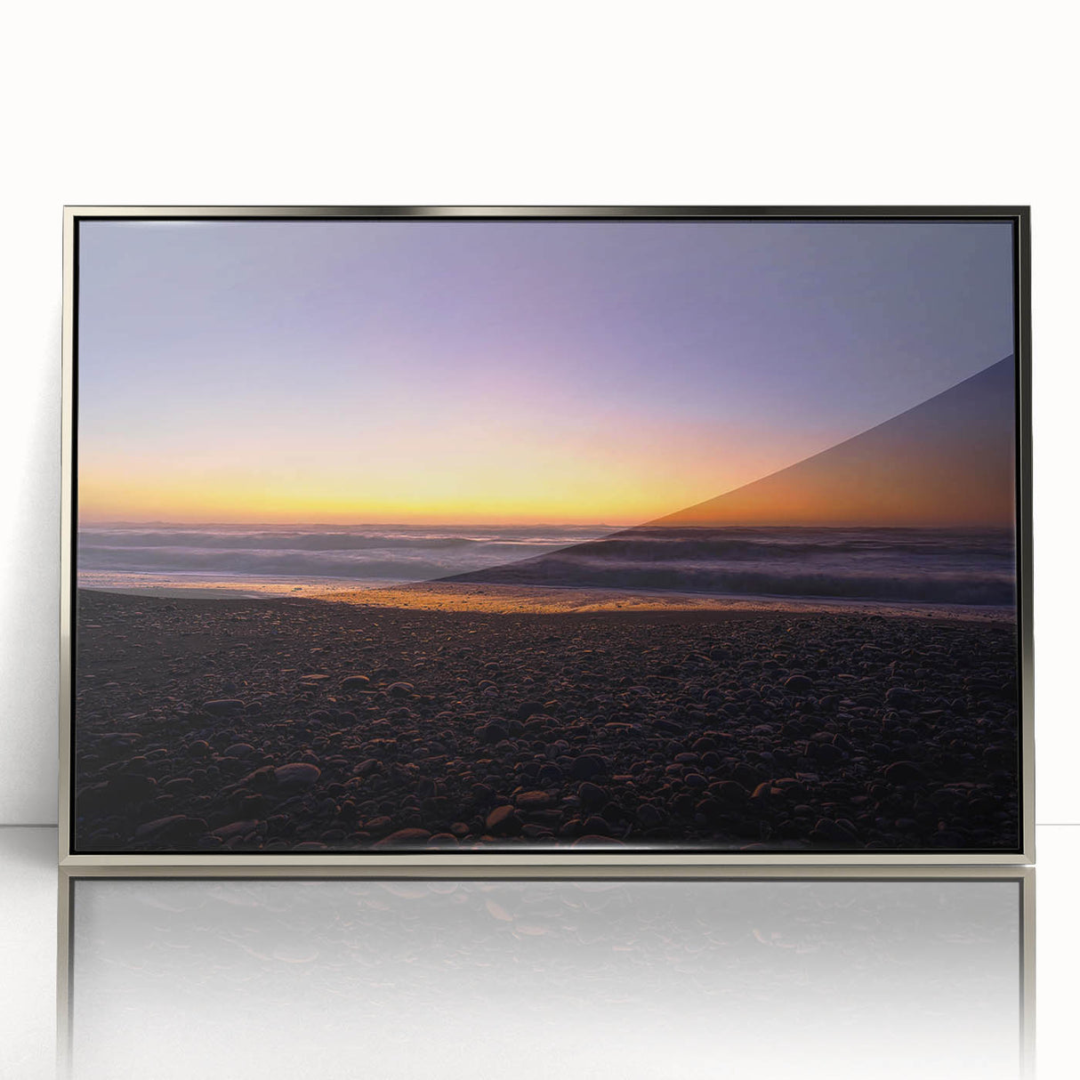 Mid-century modernist art of New Zealand's West Coast in muted earth tones on a silver-framed acrylic print.