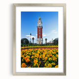 Textured abstract art print depicting a vibrant Buenos Aires cityscape, in a silver frame with mat.