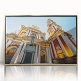 Mid-century modernist acrylic print of an Argentinian landscape in gold frame, suitable for nursery wall art.