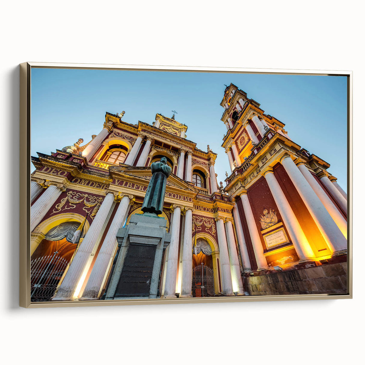 Framed canvas featuring a vintage-style landscape painting of an Argentinean scenery in muted earth tones.