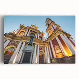 Black and white stretched canvas of a bustling Argentine street scene, ideal for kitchen wall art.