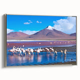 Landscape art painting of a Bolivian scenery on a silver-framed canvas, featuring vivid colors with black accents.
