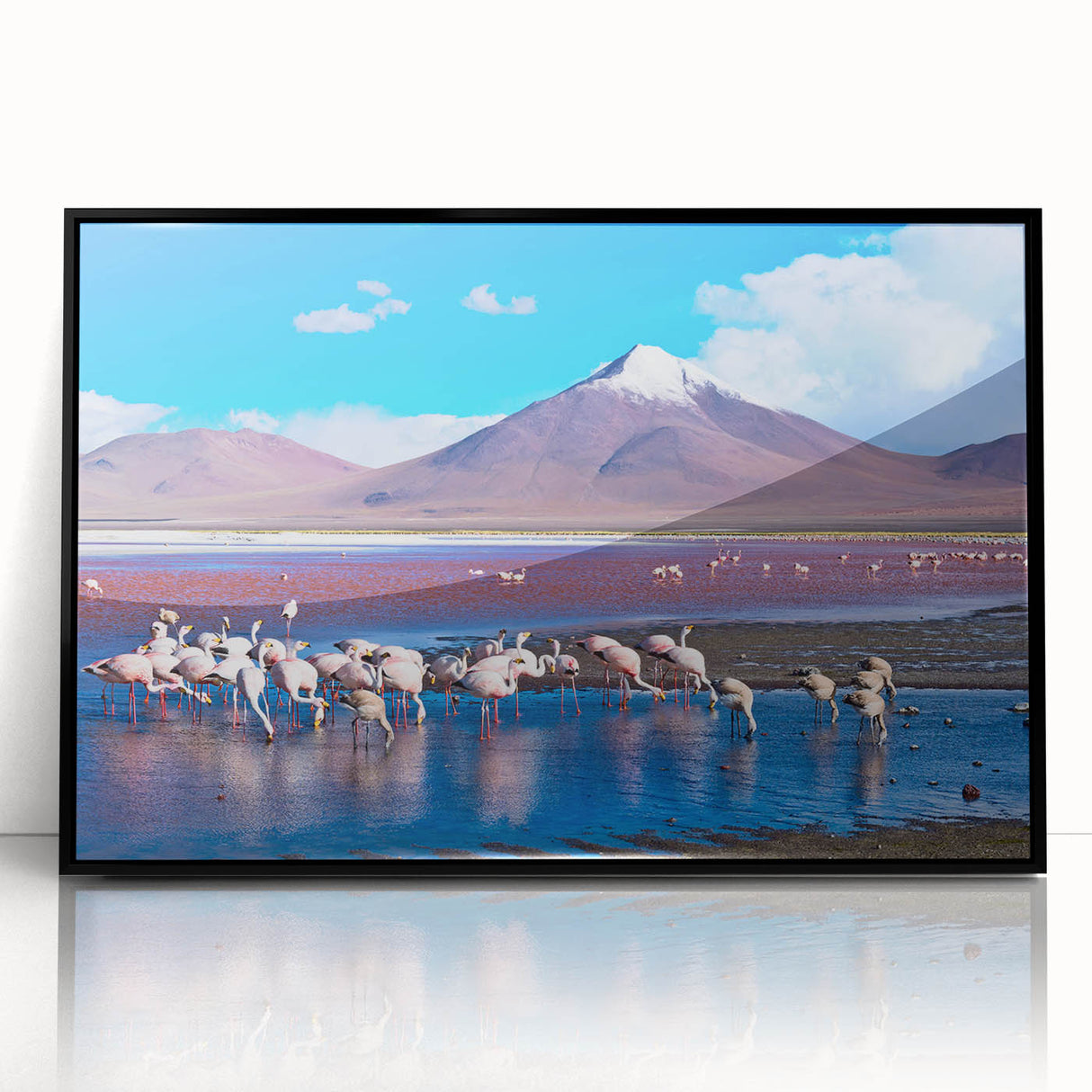 Large abstract wall art depicting a Bolivian landscape in muted earth tones, framed in black acrylic.