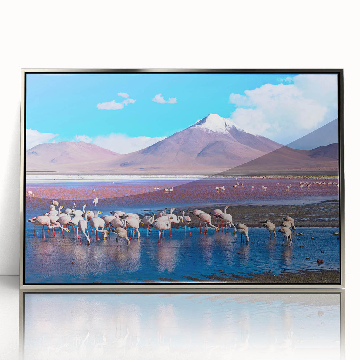 Mid-century modernist art depicting a Bolivian landscape in muted earth tones, framed in silver acrylic.