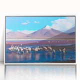 Art deco poster featuring a serene Bolivian landscape in pastel shades, white framed acrylic, ideal for nursery wall art.