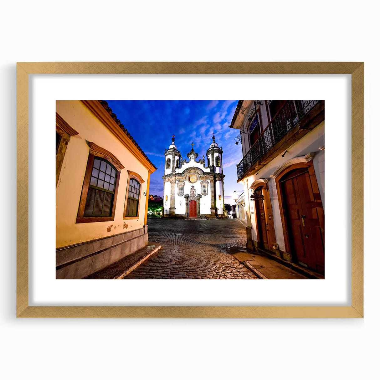 Extra large abstract art print of a textured Brazilian landscape in muted earth tones, framed in gold.
