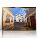 Acrylic print of a Brazilian landscape in gold frame, featuring mid-century modernist style, suitable for nursery wall art.