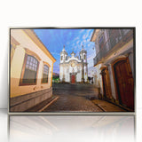 Mid-century modernist art depicting a stylized Brazilian landscape in silver acrylic, framed, ideal for nursery wall art.