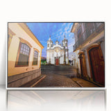 Art deco poster of a Brazilian landscape, featuring muted green and yellow tones on framed acrylic.