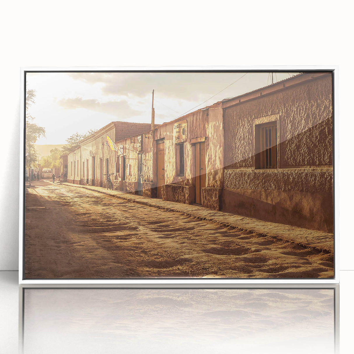 Acrylic print of Santiago, Chile skyline in muted gray and blue tones, framed in white, suitable for modern art wall decor.
