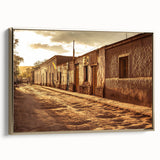 Framed canvas wall art featuring a vintage-style landscape painting of Santiago, Chile, in black and gold tones.