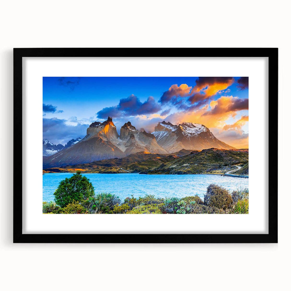 Extra large abstract art print of a colorful, textured Chilean landscape on a black-framed canvas.