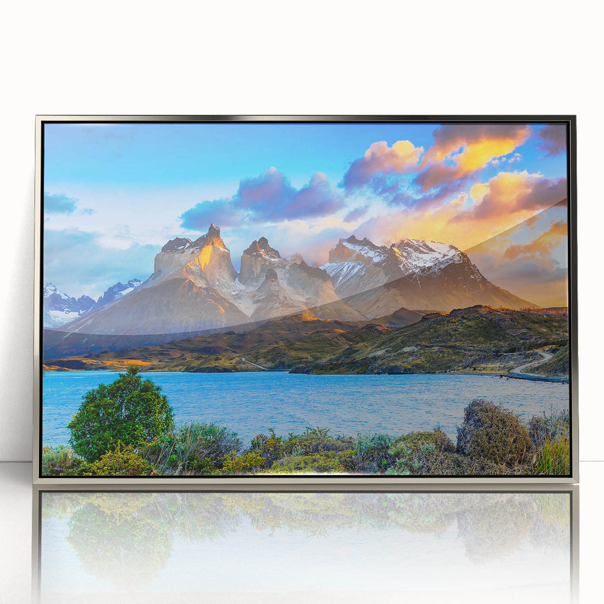 Mid-century modernist art depicting a South American Chilean landscape in muted earth tones on a silver-framed acrylic print.