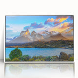 Acrylic print of a Chilean landscape in art deco style, featuring muted earth tones, ideal for modern art wall decor.