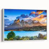 Vintage poster art of a Chilean landscape in vibrant colors on a framed canvas, ideal for living room decor.