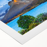 Art deco poster of a Chilean landscape in muted earth tones on rolled canvas, suitable for dining room wall art.