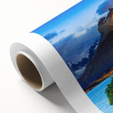 Art deco poster of a Chilean landscape in muted greens and blues on rolled canvas, ideal for nursery wall art.