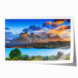 Extra large rolled print of a serene Chilean landscape with lush floral elements in soft green and blue tones.