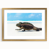 Extra large framed abstract art print of a Galapagos scenery in gold tones, ideal for living room decor.