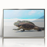 Mid-century modernist art depicting Galapagos scenery on a silver-framed acrylic, ideal for modern art wall decor.