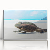 Acrylic print of Galapagos scenery with vibrant green and blue tones, framed in white, suitable for nursery wall art.