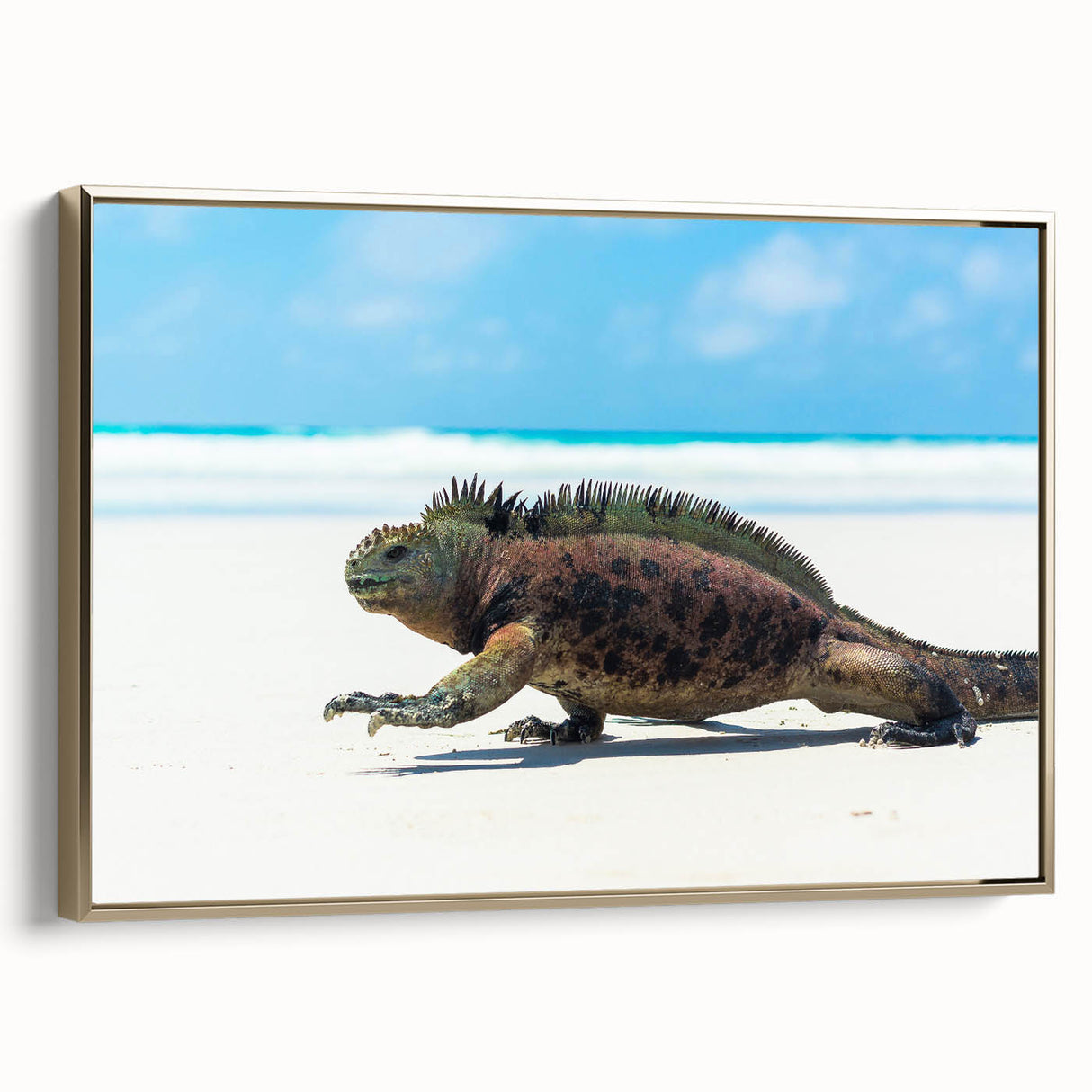 Framed canvas featuring a vintage-style landscape painting of the Galápagos Islands in Ecuador, ideal for bedroom wall art.