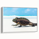 Vintage poster art of Galapagos scenery, vibrant colors on white framed canvas, ideal for living room decor.