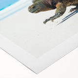 Art deco poster of Galapagos scenery on rolled canvas, featuring muted earth tones, ideal for dining room wall art.