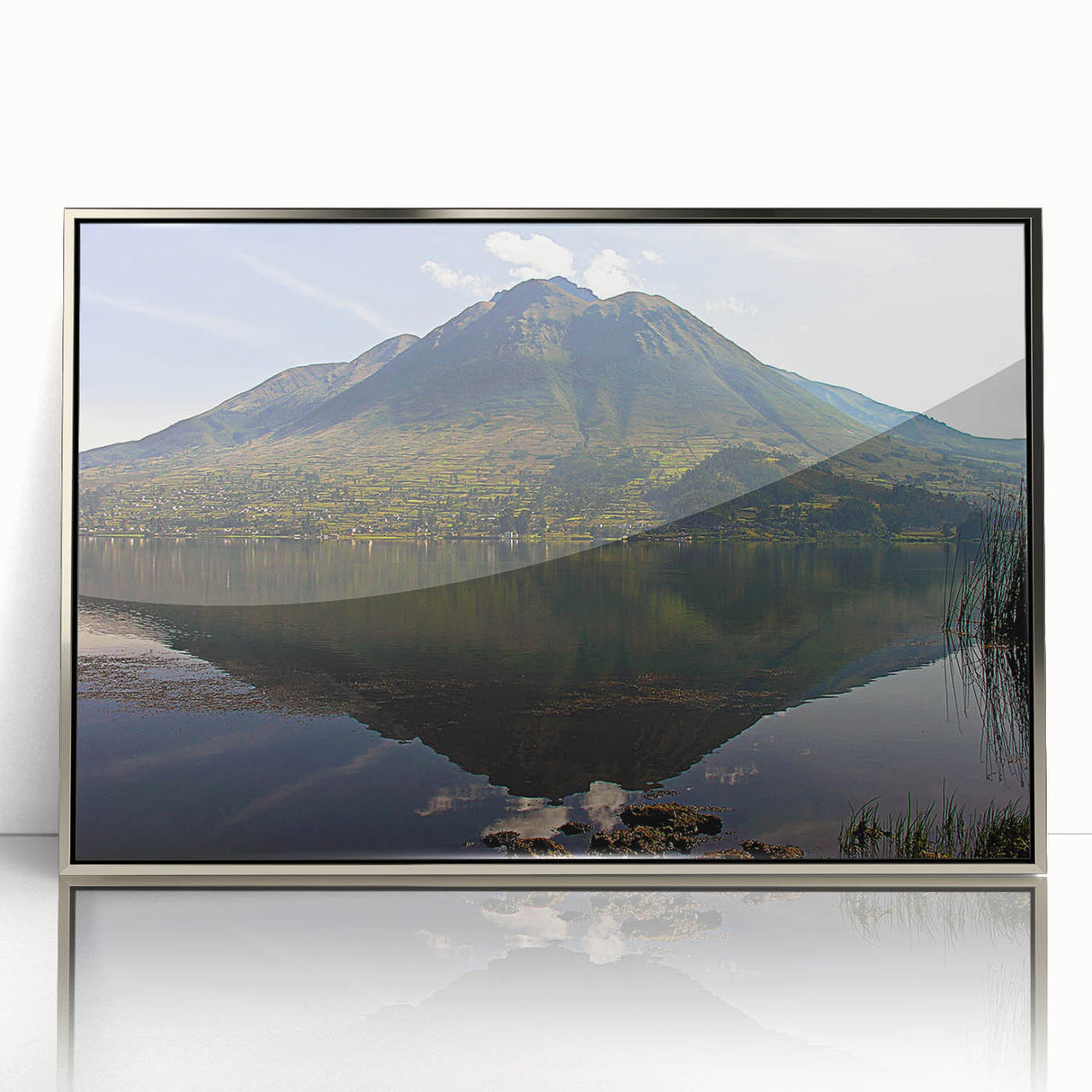 Mid-century modernist art depicting a serene Ecuadorian landscape in muted earth tones, framed in silver acrylic.