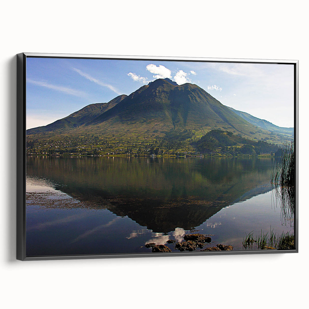 Black and white framed canvas featuring a vintage-style landscape of Ecuador, ideal for bedroom wall decor.