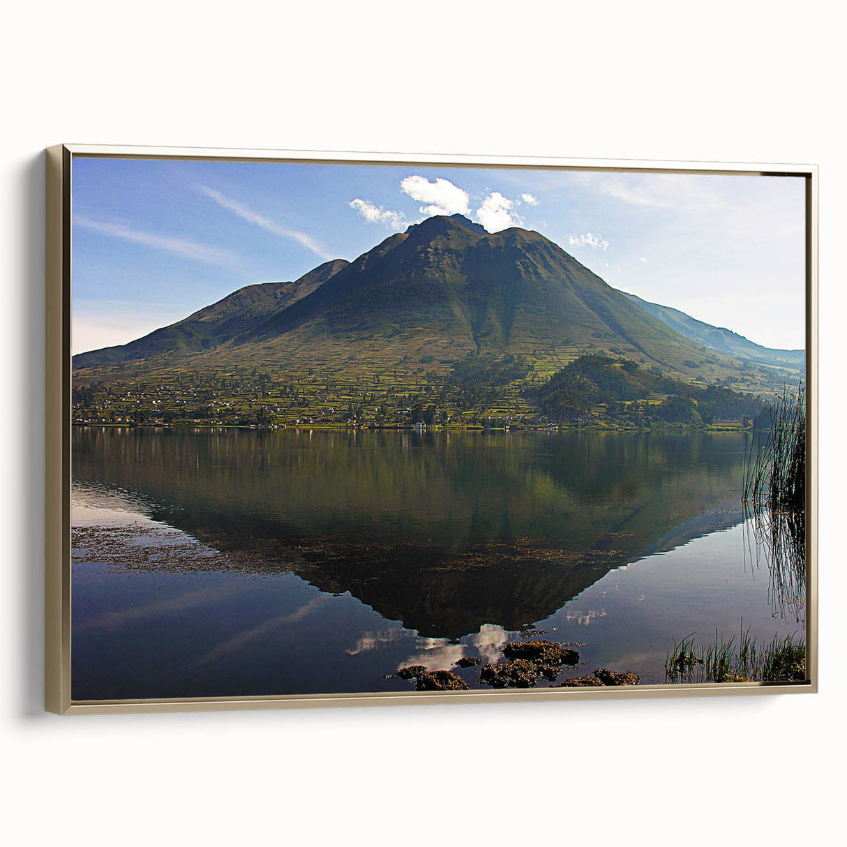 Framed canvas featuring a vintage-style landscape painting of a South American scenery in black and gold tones.