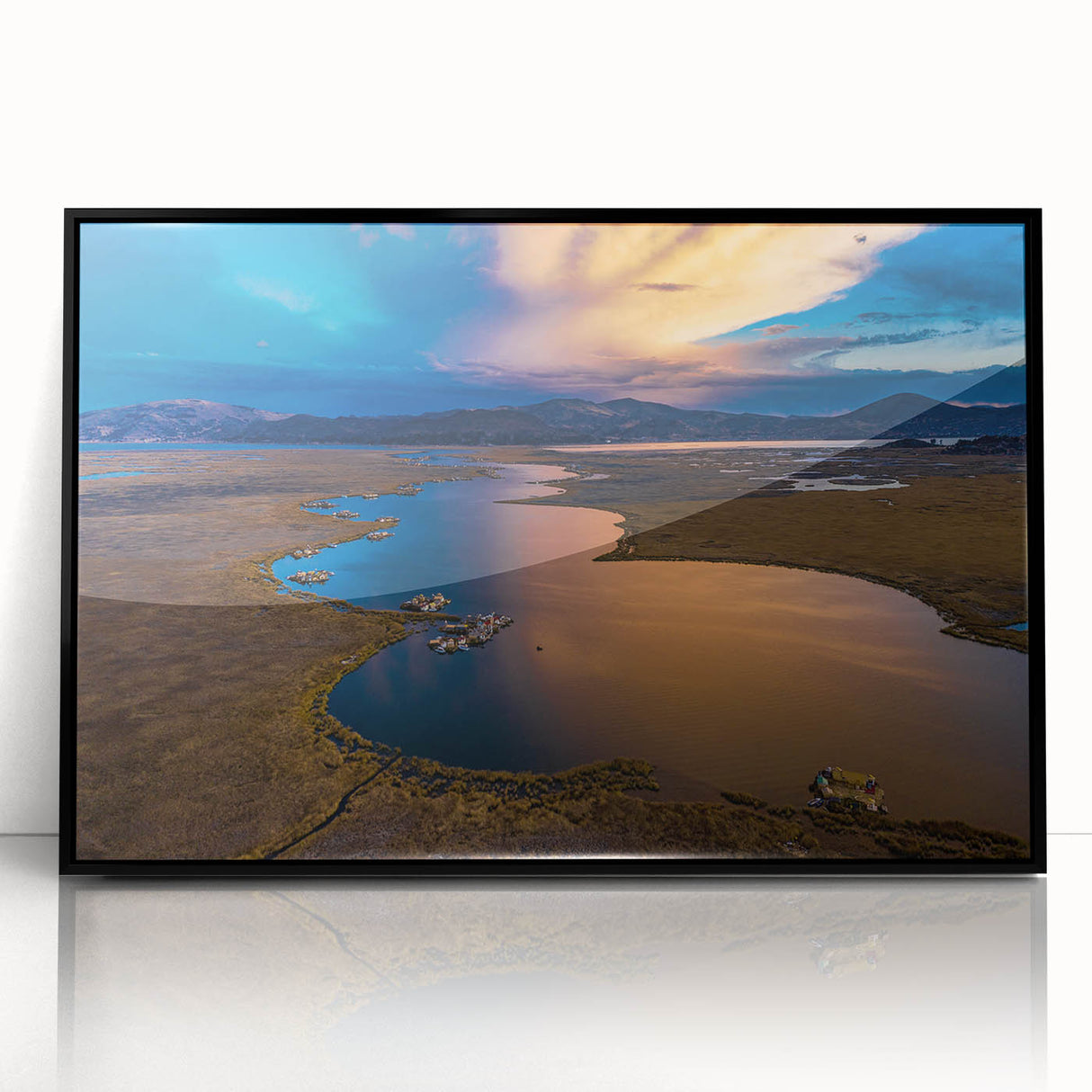Large abstract wall art depicting a stylized Peruvian landscape in muted earth tones on a framed acrylic panel.