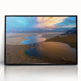 Large abstract wall art depicting a stylized Peruvian landscape in muted earth tones on a framed acrylic panel.