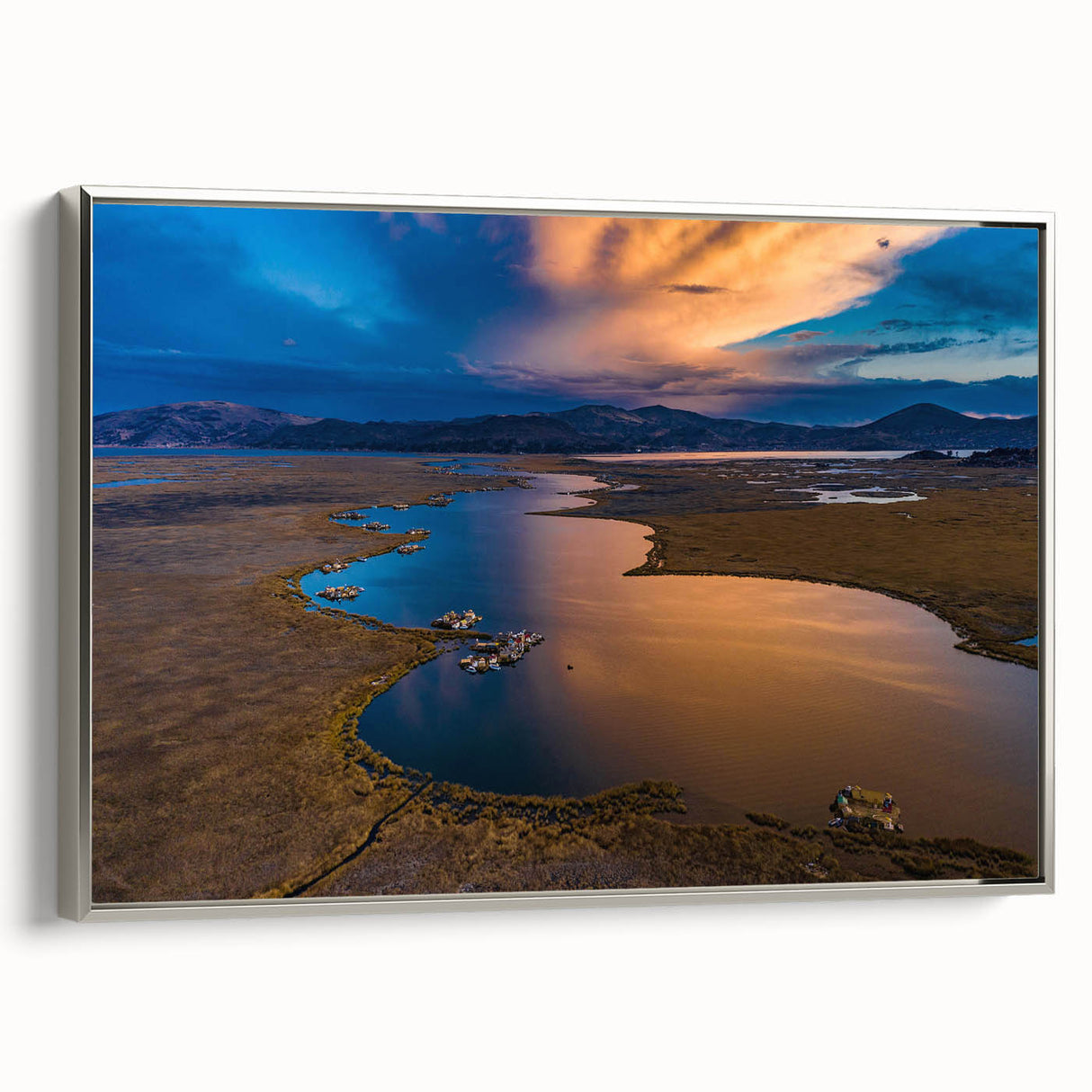 Landscape art painting of a Peruvian scenery on framed canvas, featuring colorful art in vintage poster style.