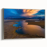 Landscape art painting of a Peruvian scenery on framed canvas, featuring colorful art in vintage poster style.