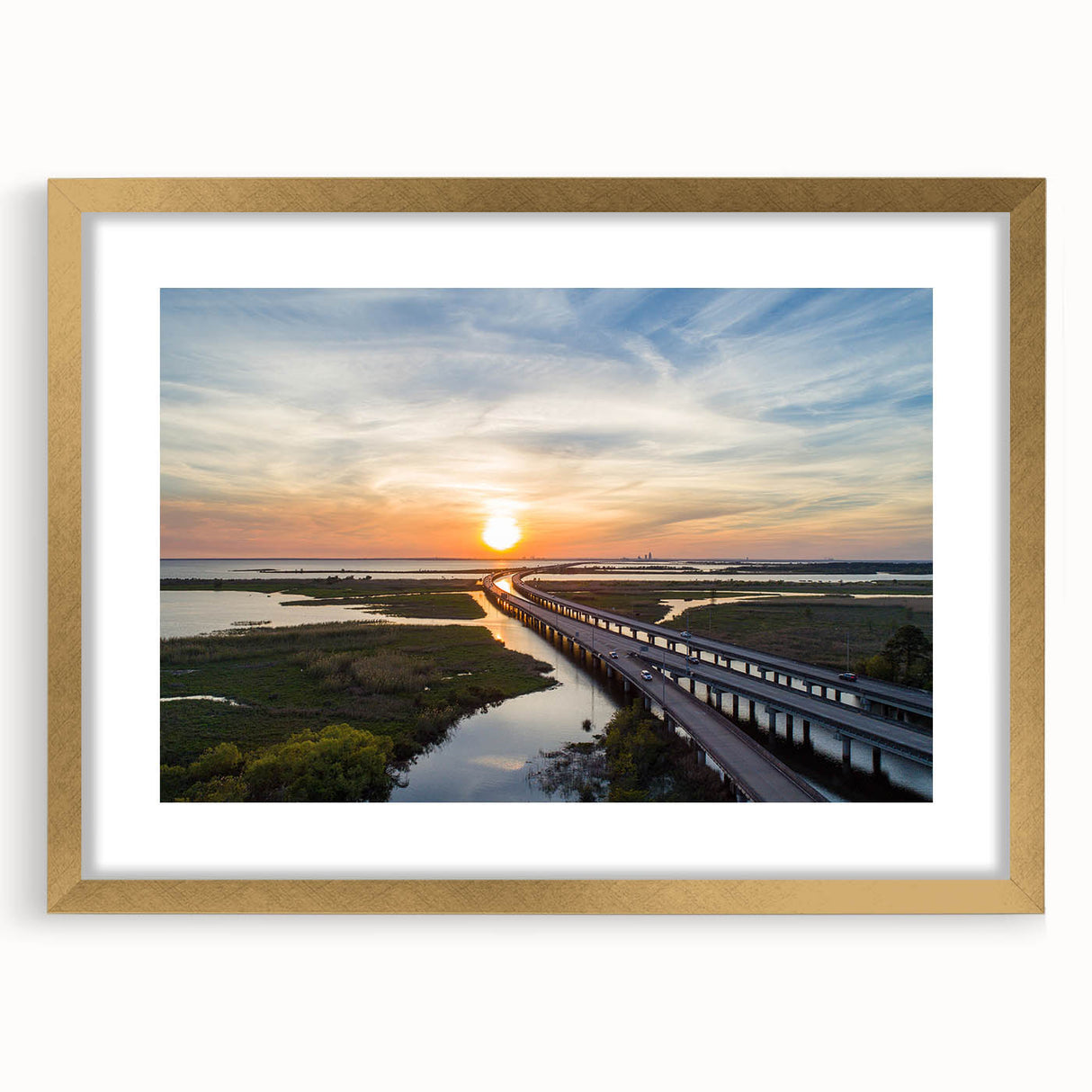 Extra large abstract art print of Alabama scenery in a gold frame, featuring textured hues of blue and green.