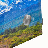 Large abstract depiction of Denali, Alaska in muted earth tones on acrylic glass, suitable for dining room art.