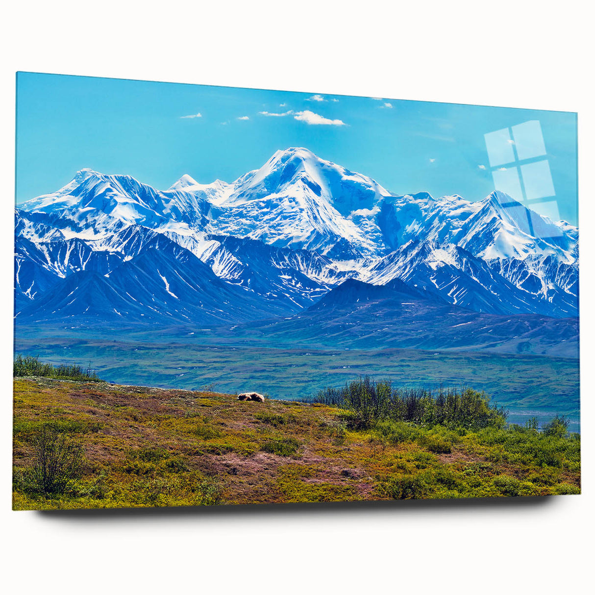 Large abstract depiction of Denali, Alaska in muted earth tones on acrylic glass, ideal for bedroom or dining room art.