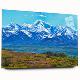 Large abstract depiction of Denali, Alaska in muted earth tones on acrylic glass, ideal for bedroom or dining room art.