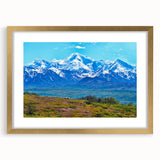 Extra large wall art featuring abstract depiction of Denali, Alaska in textured tones of blue and gray, framed in gold.
