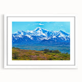 Abstract art print of Denali, Alaska, in muted earth tones on a framed white mat, ideal for dining room decor.