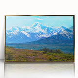 Large art print of Denali, Alaska landscape in mid-century modernist style on gold-framed acrylic, suitable for modern decor.