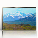 Mid-century modernist art depicting Denali, Alaska, in acrylic on a framed silver canvas, suitable for modern art wall decor.