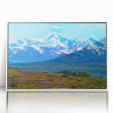 Art Deco style poster of Denali, Alaska, in muted earth tones on acrylic, framed in white, suitable for modern nursery decor.