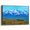 Black and white framed canvas of Denali, Alaska landscape, ideal for bedroom wall art.