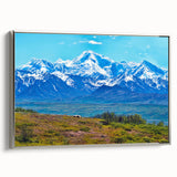 Landscape art painting of Denali, Alaska on a framed canvas, featuring muted earth tones, ideal for living room decor.