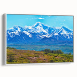 Vintage poster art of Denali, Alaska, featuring colorful landscape on extra large framed canvas, ideal for living room decor.